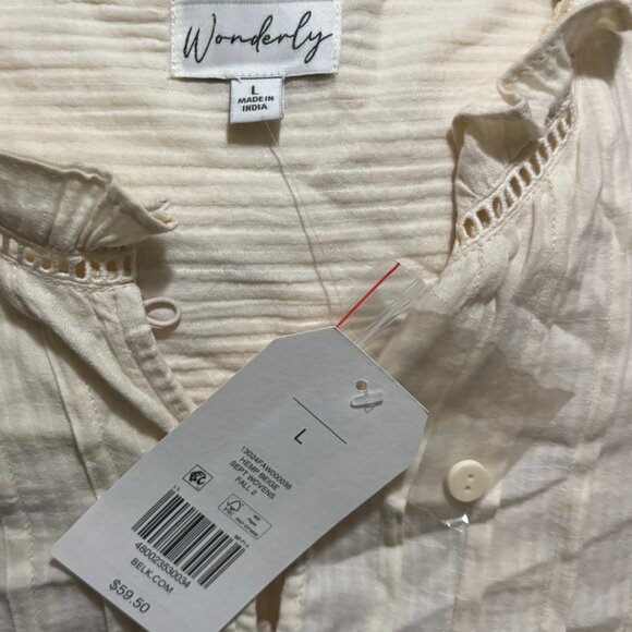 Wonderly Cream Ruffle Trim Button Front Blouse Long Sleeve Lightweight Top Large - Picture 5 of 5